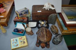 Decorative Items; Hip Flask, Carved Box, Boules Se