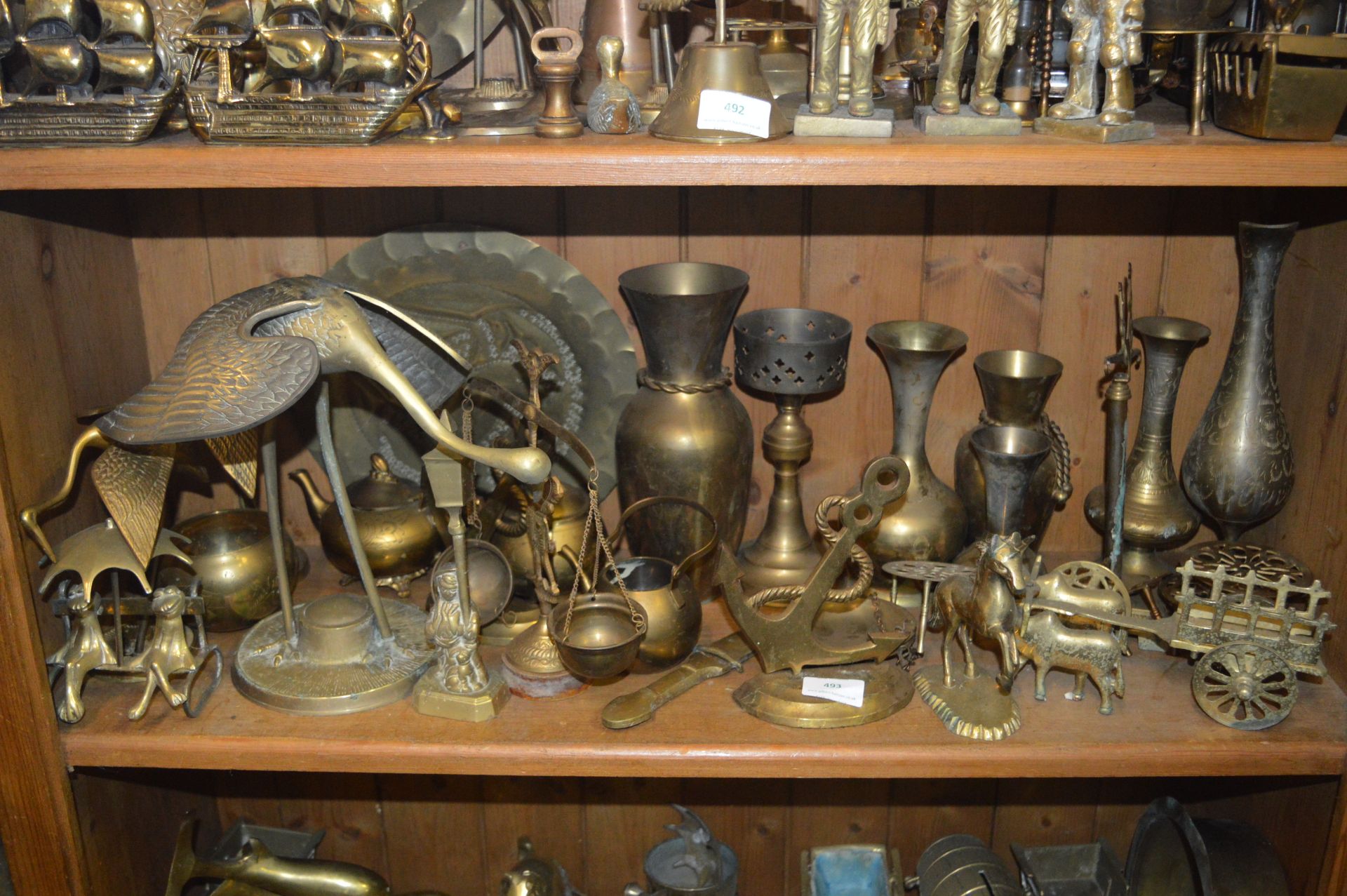 Shelf of Assorted Brass Ornaments, Vases, etc.