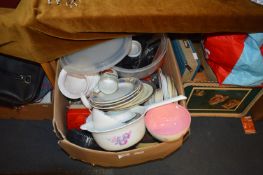 Box of Household Goods, Pottery Plates, etc.