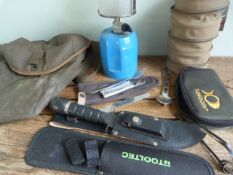 Gas Mask Bag, Two Fishing Pouches, Survival Knife,