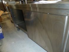 * St Steel bench good condition, complete with shelves and castors (860H x 1605W x 700D)