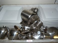 *Box of Square Plates, Stainless Steel Jugs and Teapots