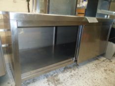 * St Steel bench, complete with shelves and one sliding door, good condition. (850H x 1810W x 700D)