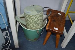 Wooden Stool, Enamel Bucket and a Watering Can