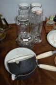 Glass Storage Jars and Two Le Creuset Pans