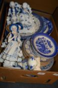 Box of Blue & White Pottery, Plates & Figures