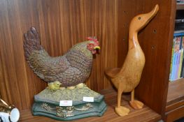 Cast Iron Painted Cockerel and a Wooden Duck