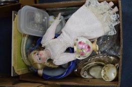 Box of Decorative Items; Plates, Pictures and Doll