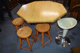 Octagonal Pine KItchen Table and Seven Stools