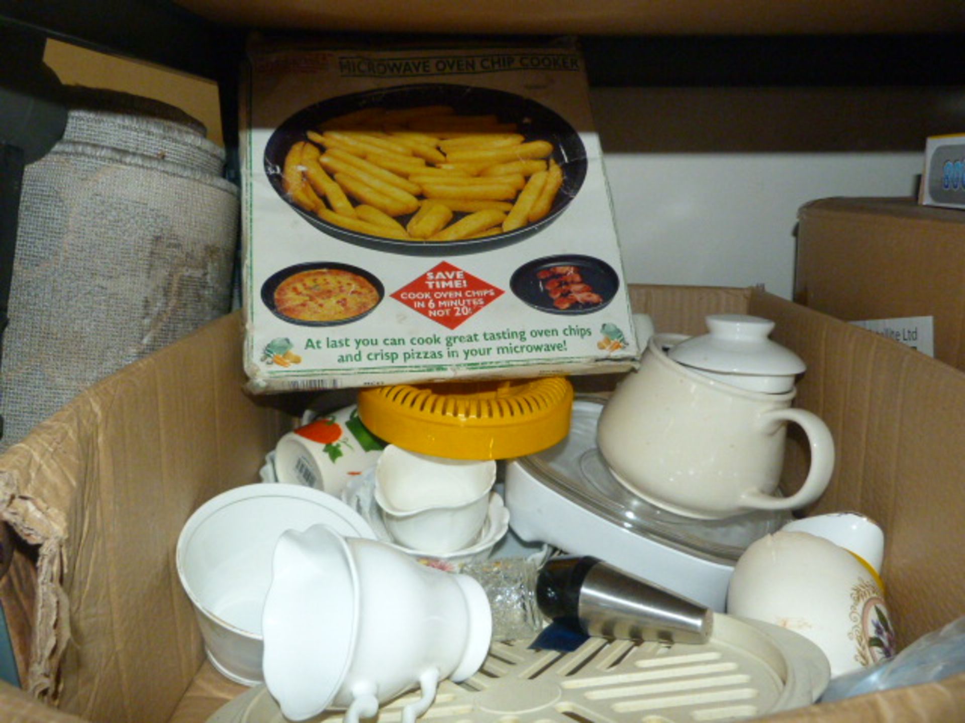 Box Containing Microwave, Chip Cooker and Various Pottery etc.