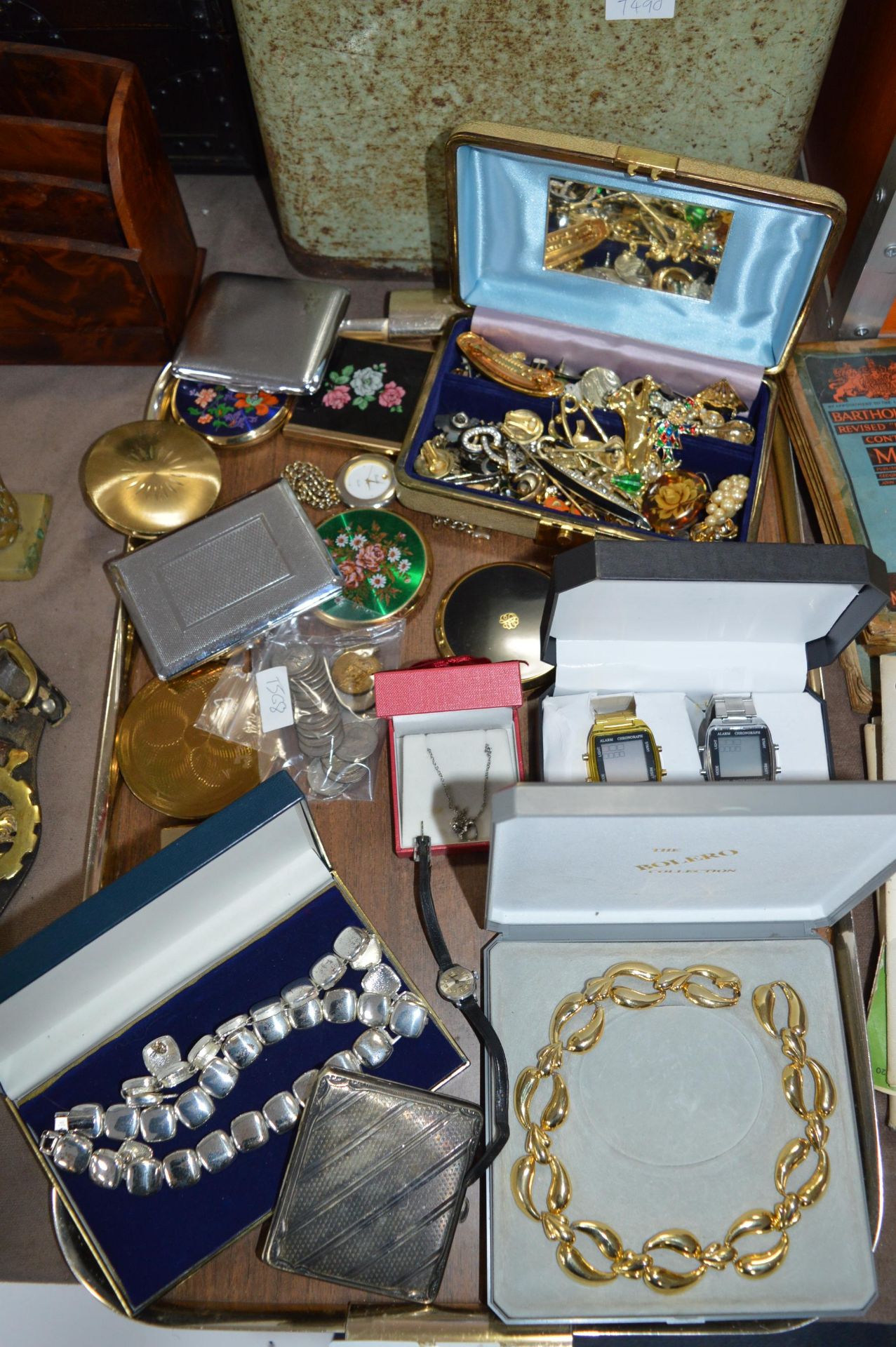 Tray Lot of Collectibles; Compacts, Costume Jewell