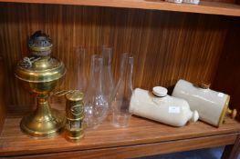 Brass Oil Lamp, Stoneware Water Bottles and a Mine