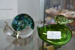 Two Glass Paperweights - Duck and a Snail