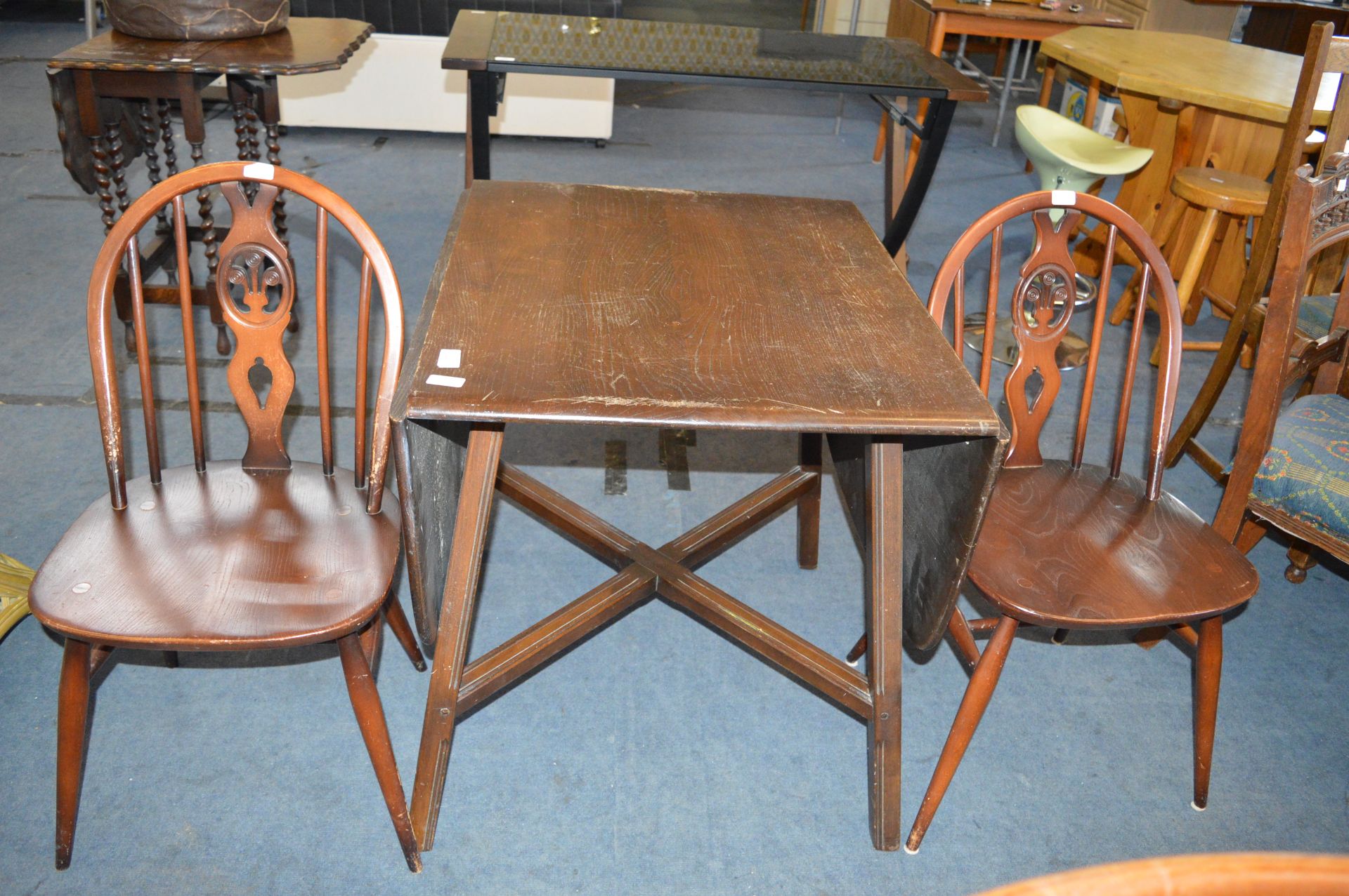 Two Ercol Bentwood Kitchen Chairs and a Drop Leaf