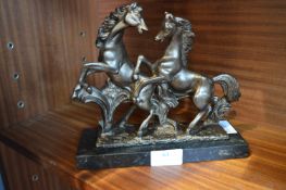 Figure of Fighting Stallions on a Marble Base