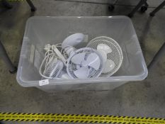 *Box Containing Three Desktop Fans, Assorted Four Gang Extension Leads