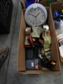 *Box Containing Assorted Office Sundries, Clock etc