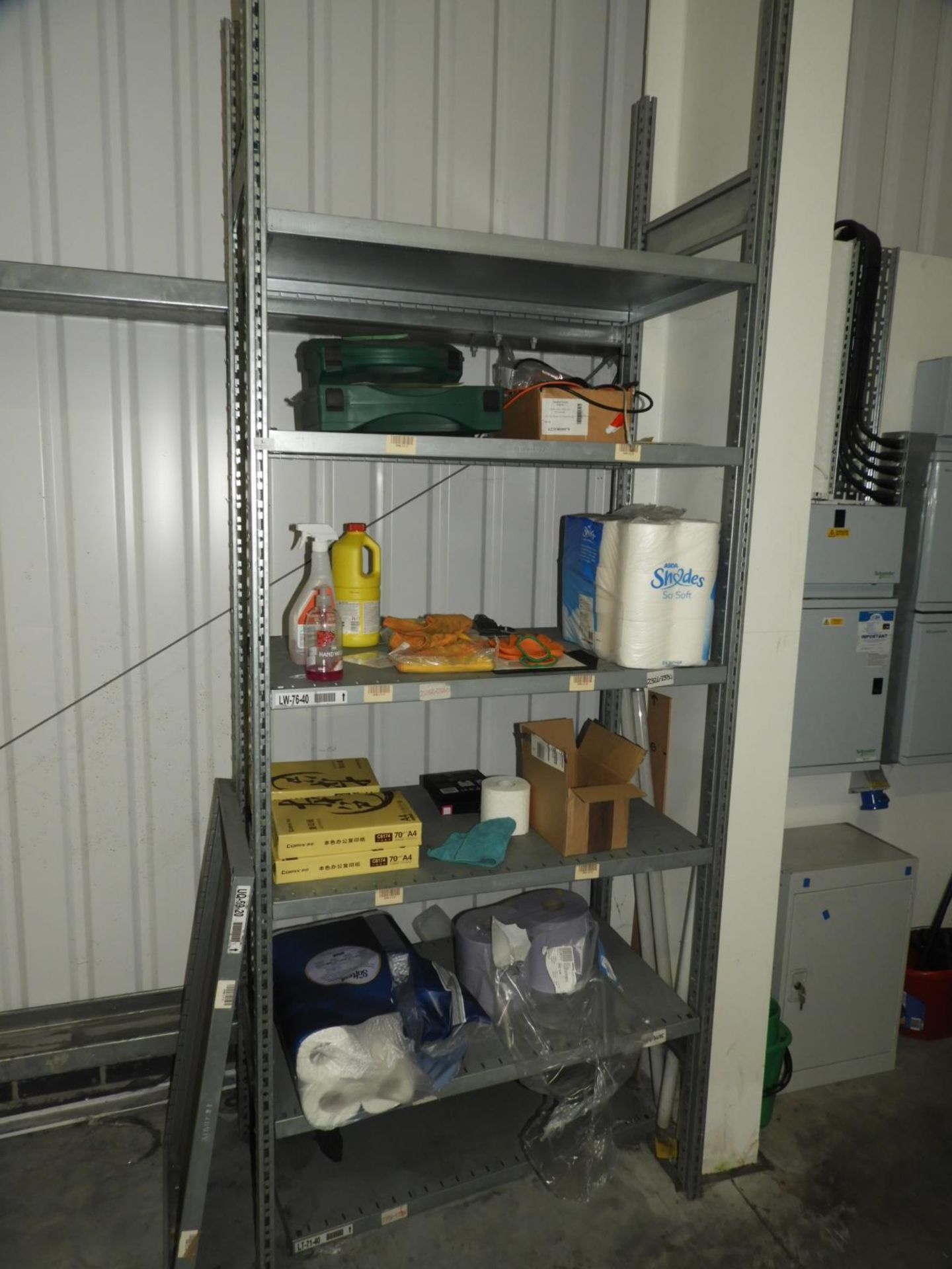 *Section of Galvanised Racking Containing Assorted Janitorial Supplies etc