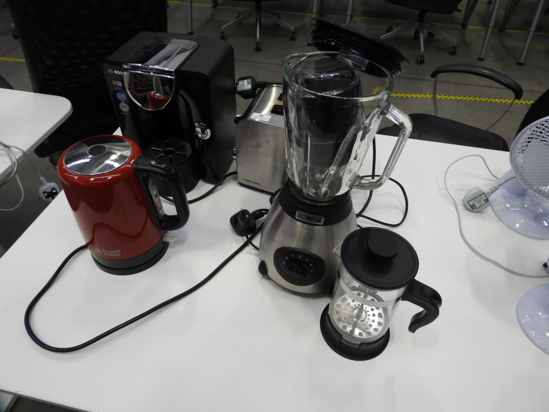 *Assorted Kitchen Equipment Including Bosch Coffee Maker, Russell Hobbs Kettle, Tower Blender, & Mor