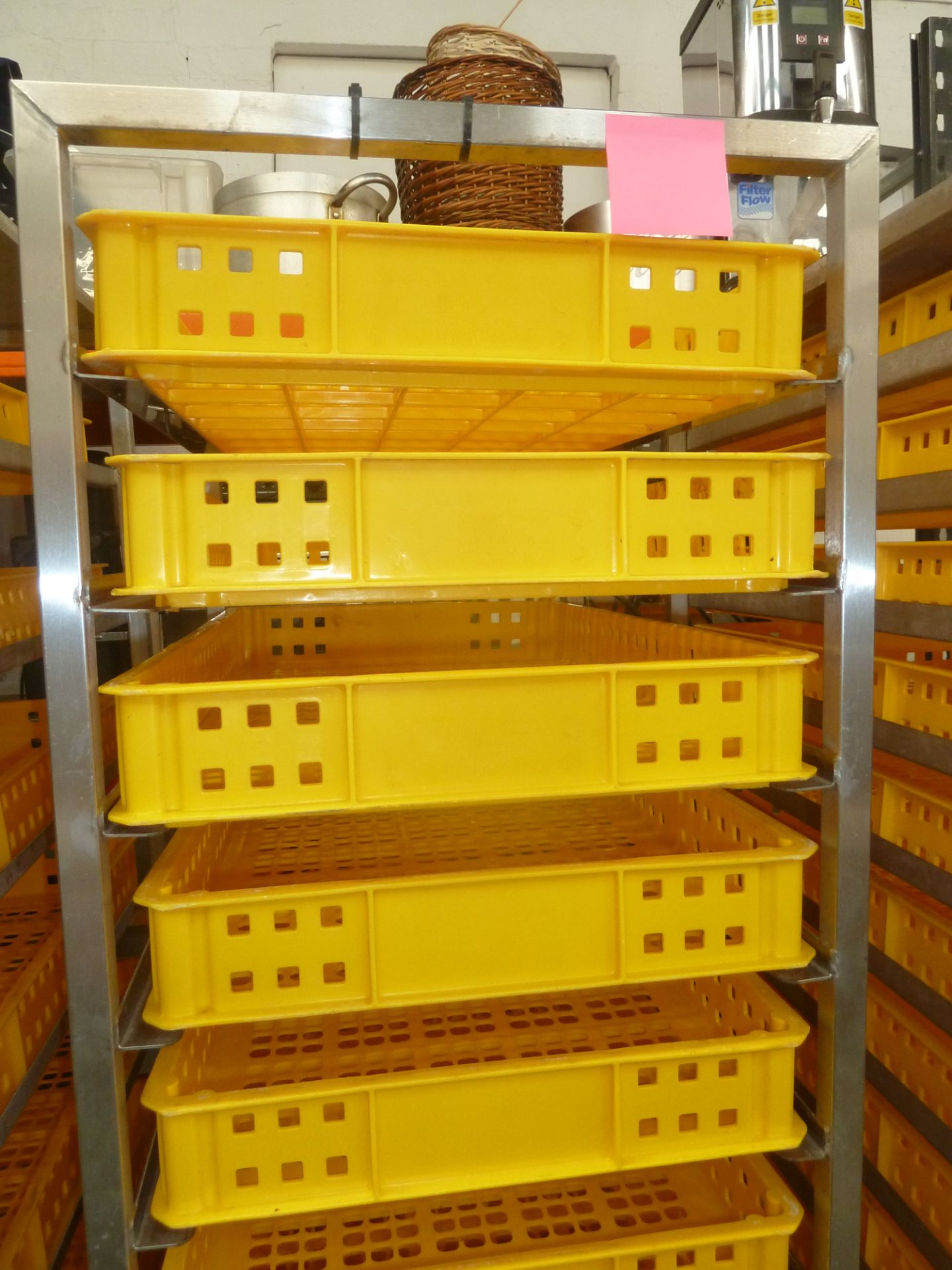 * St Steel single bakery shelving complete with trays (1800H x 520W x 770D) includes 15 bakery