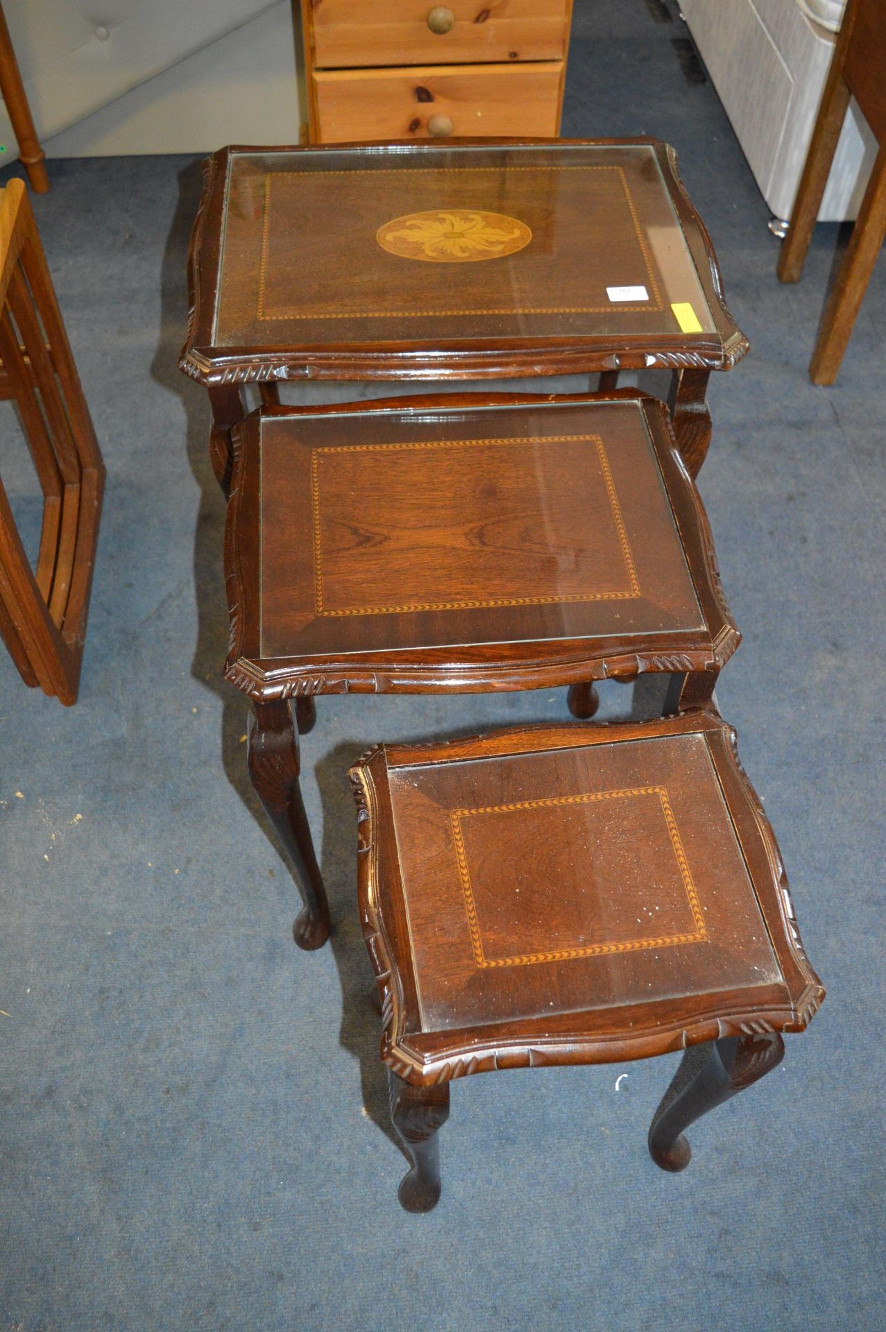 Glass Topped Carved Mahogany Nest of Tables with I