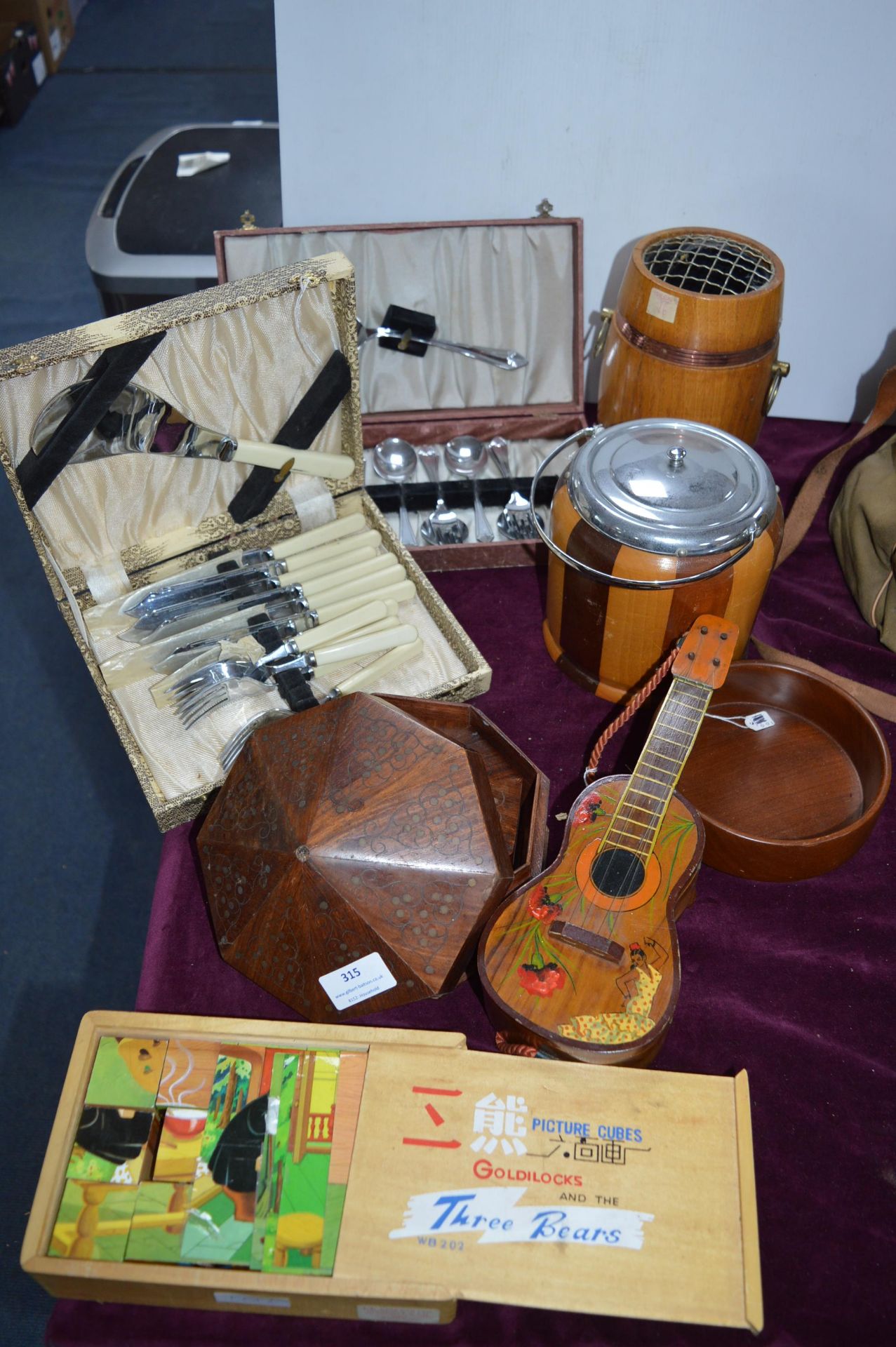 Vintage Wooden Items, Ice Bucket, Boxes, cutlery S