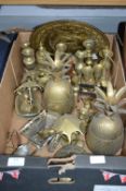 Box of Brassware Including Pineapples, Candlestic