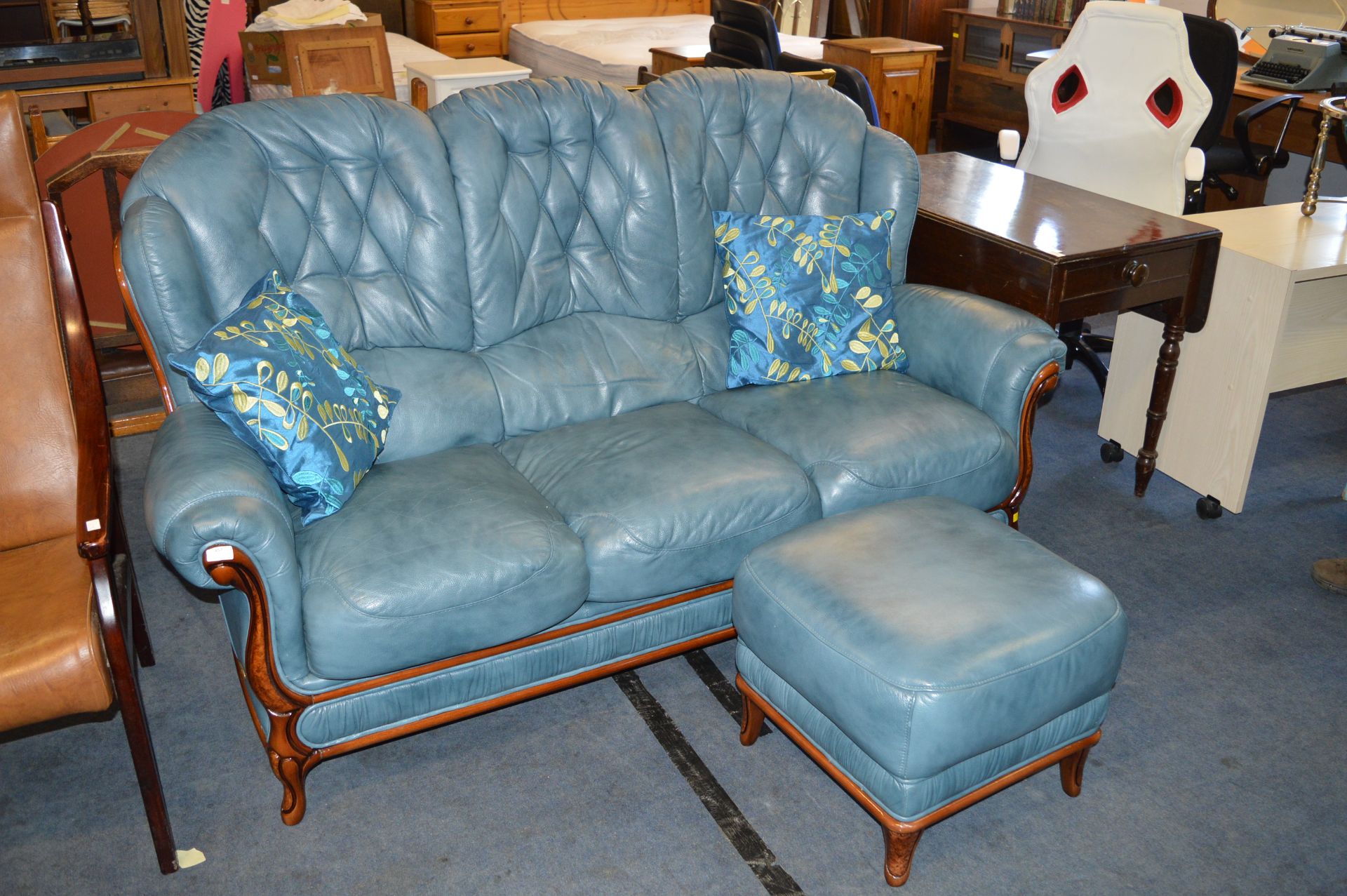 Italian Blue Leather Three Seat Sofa with Matching