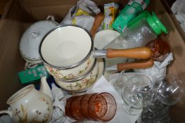 Large Box of Household Goods Including Pans, Glass