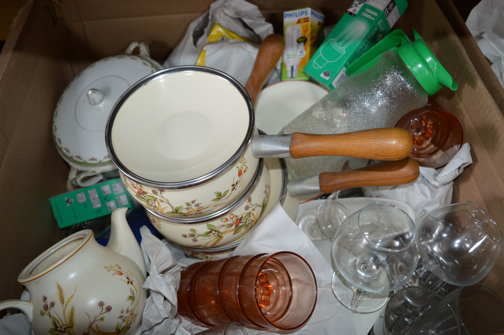 Large Box of Household Goods Including Pans, Glass