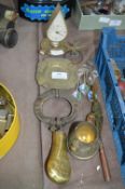 Brass Collectibles Including Powder Flask, Clock,
