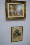 Gilt Framed Oil on Canvas and a Gilt Framed Embroi