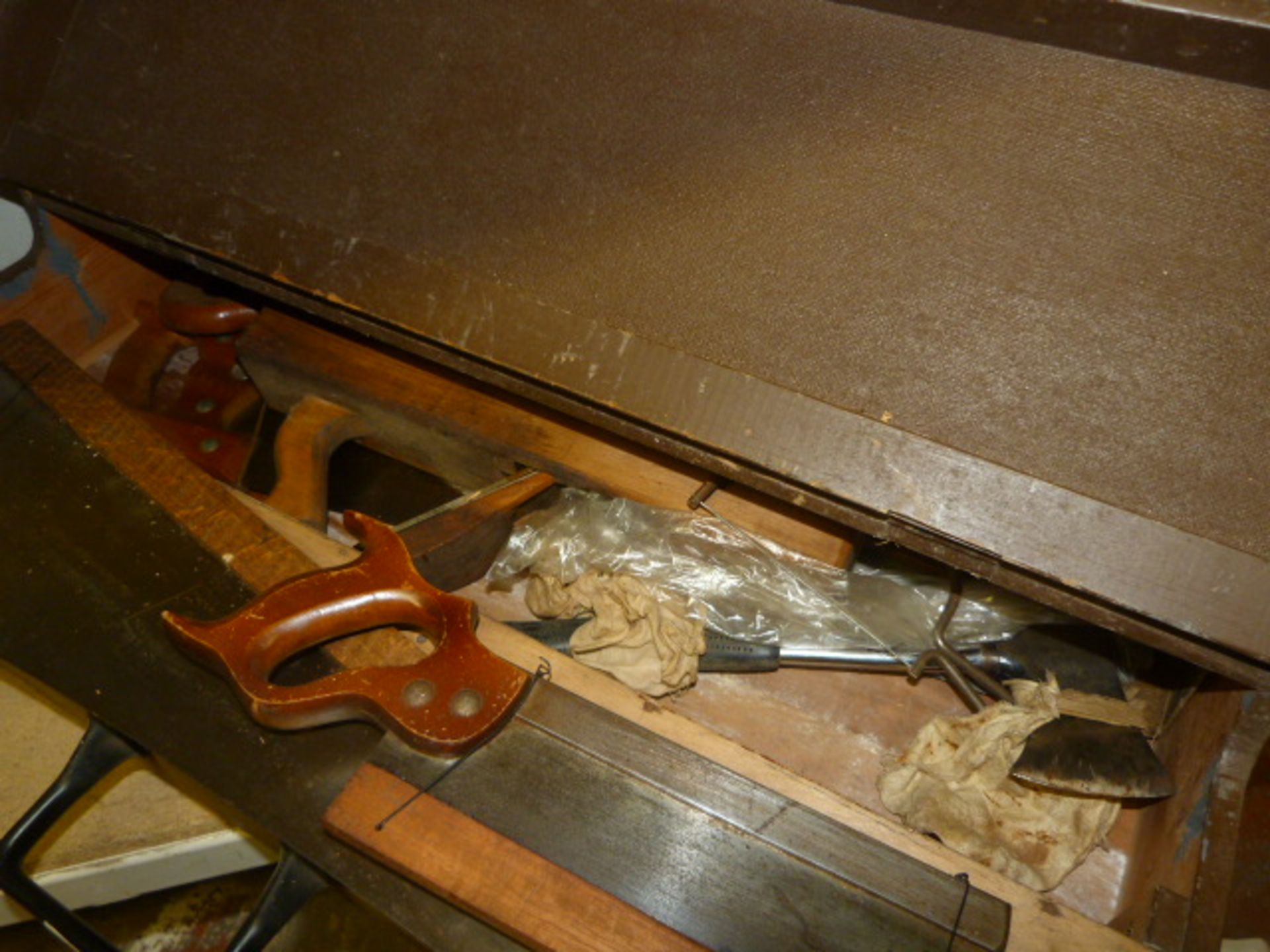 Wooden Toolbox Containing Saws Block Plane, etc.