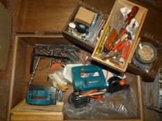 Wooden Toolbox Containing Jigsaw, Drill Bits, etc.