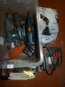 Box of Hand Tools Including Jig Saws, Steam Brush,