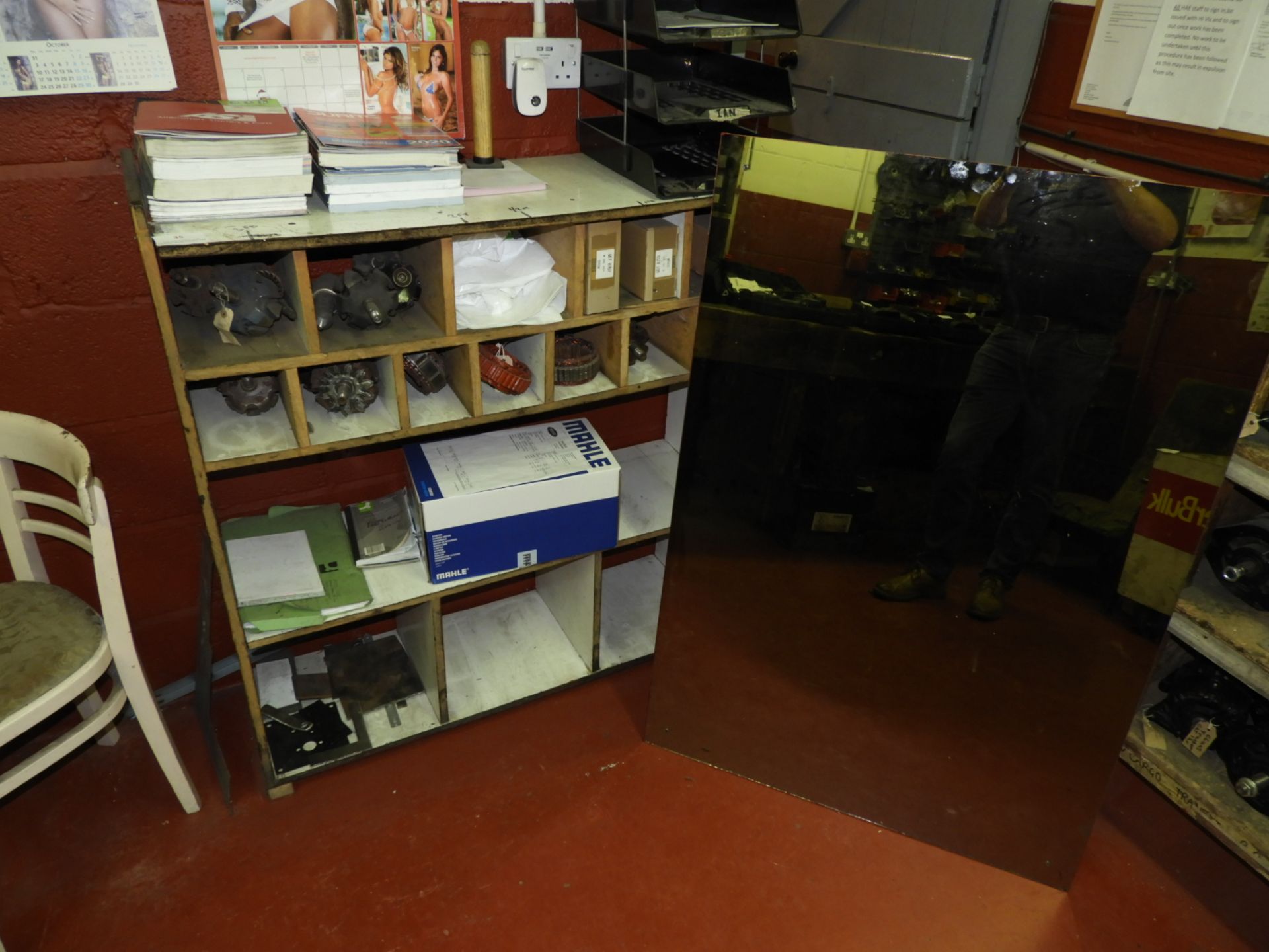 *Wooden Shelving Unit Containing Assorted Armatures and a Wall Mirror