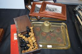 Chess Set, Eastern Tray, Brass Bell and Framed Pho