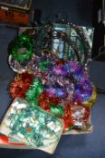 Box of Christmas Decorations, Tinsel & Box of Vintage Lights