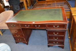 Mahogany Effect Office Desk with Tooled Green Leat