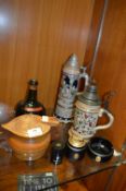 Two German Steins, Musical Bottle, Lighters, etc.