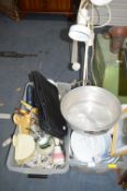 Two Tubs of Kitchenware, Jam Pans, Picture Frames,