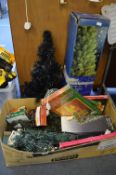 Box of Christmas Decorations, Lights, Trees, etc.