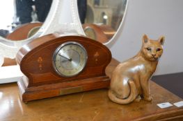 Edwardian Inlaid Mantle Clock and a Cat