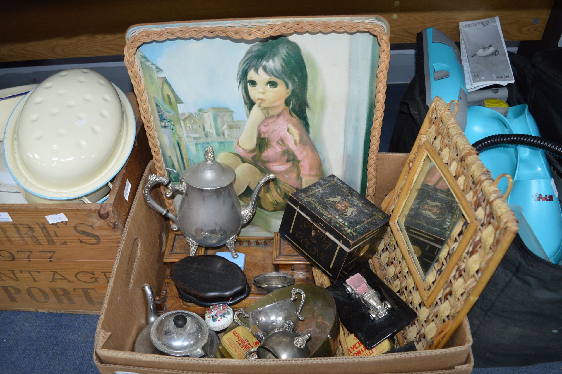 Box of Collectibles; Ink Stand, Plated Ware, Mirro
