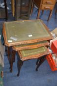 Nest of Three Glass Topped Tables with Green Tooled Leather Inserts