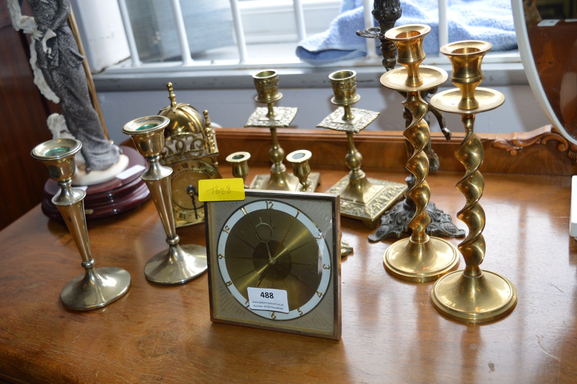 Brassware Including Candlesticks, Carriage Clock,