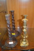 Pair of Brass and a Pair of Wooden Candlesticks