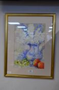 Framed Watercolour Still Life of Fruit and Flowers