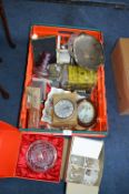 Tray Lot of Carriage Clocks, Glassware, Old Tins,
