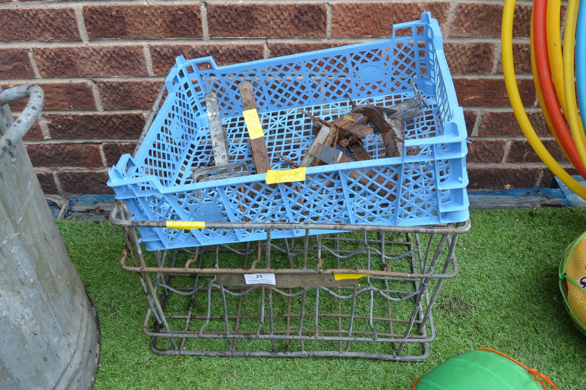 Old Metal Mill Crate and a Basket of Mole Traps